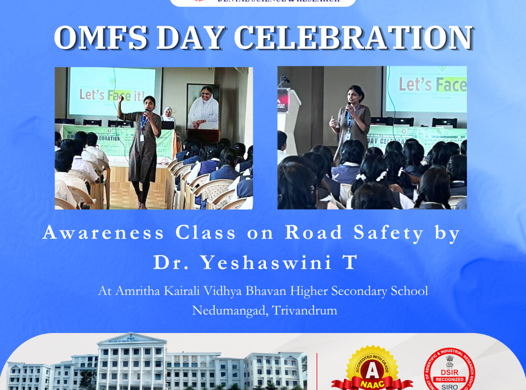 Dr. Yeshaswini T, Professor, Department of Oral and Maxillofacial Surgery, led an enlightening awareness class on road safety for the students of Amritha Kairali Vidhya Bhavan Higher Secondary School in Nedumangad, Trivandrum